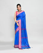 Piyari Fashion Women`s Cotton Silk Blue Handloom Saree With Blouse | Grocsy