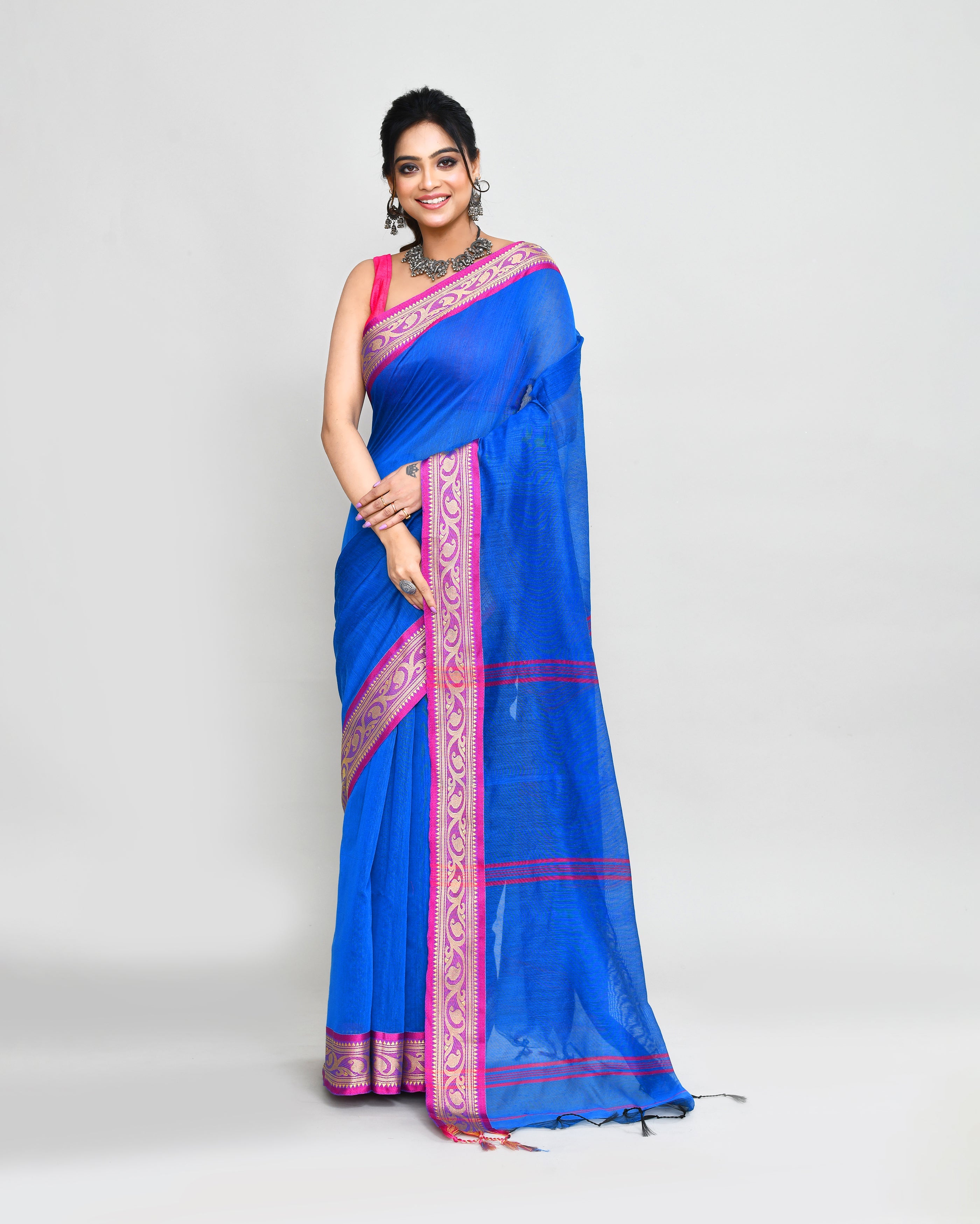 Piyari Fashion Women`s Cotton Silk Blue Handloom Saree With Blouse | Grocsy