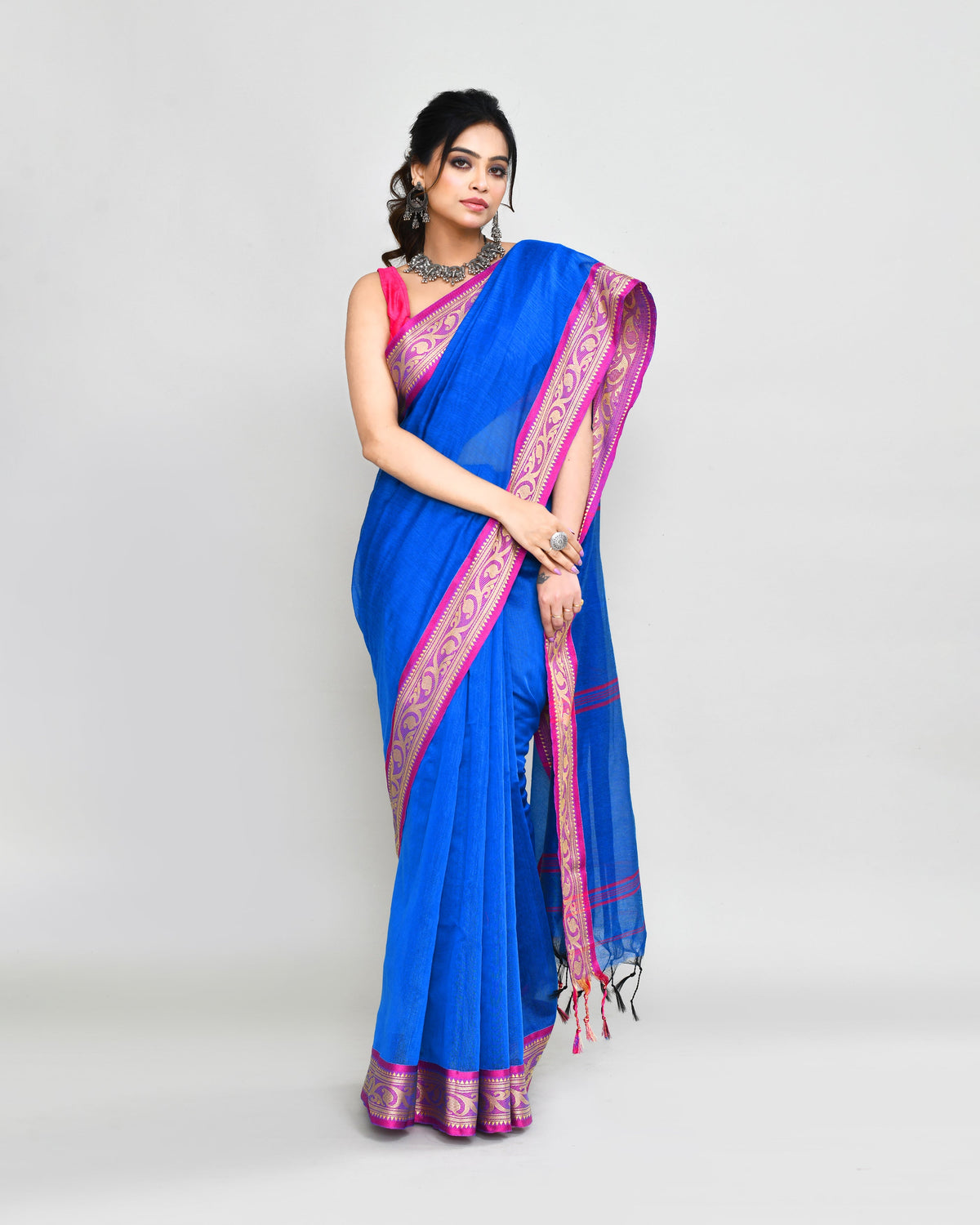Piyari Fashion Women`s Cotton Silk Blue Handloom Saree With Blouse | Grocsy