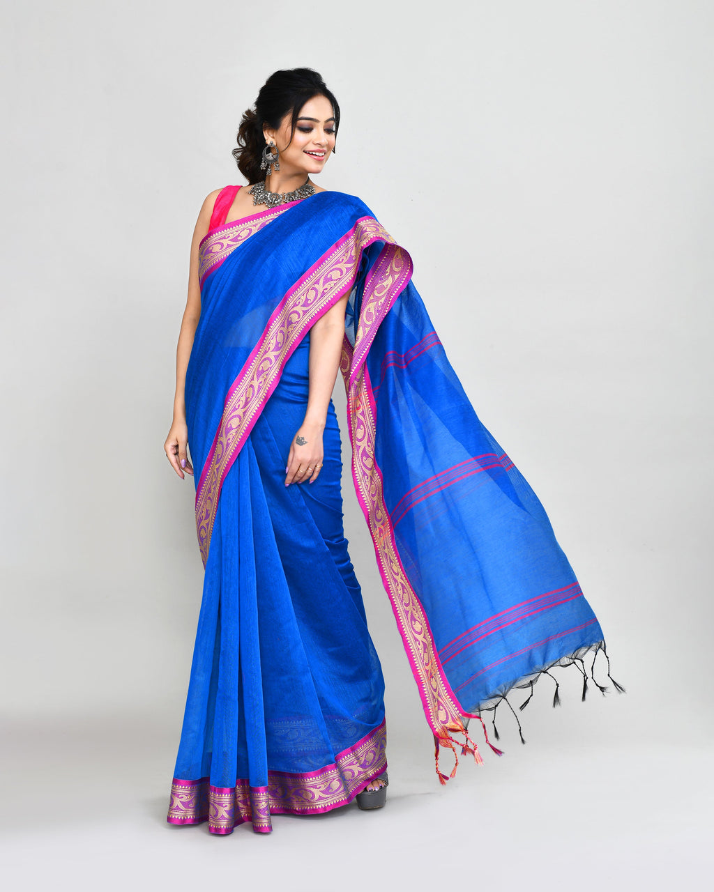 Piyari Fashion Women`s Cotton Silk Blue Handloom Saree With Blouse | Grocsy