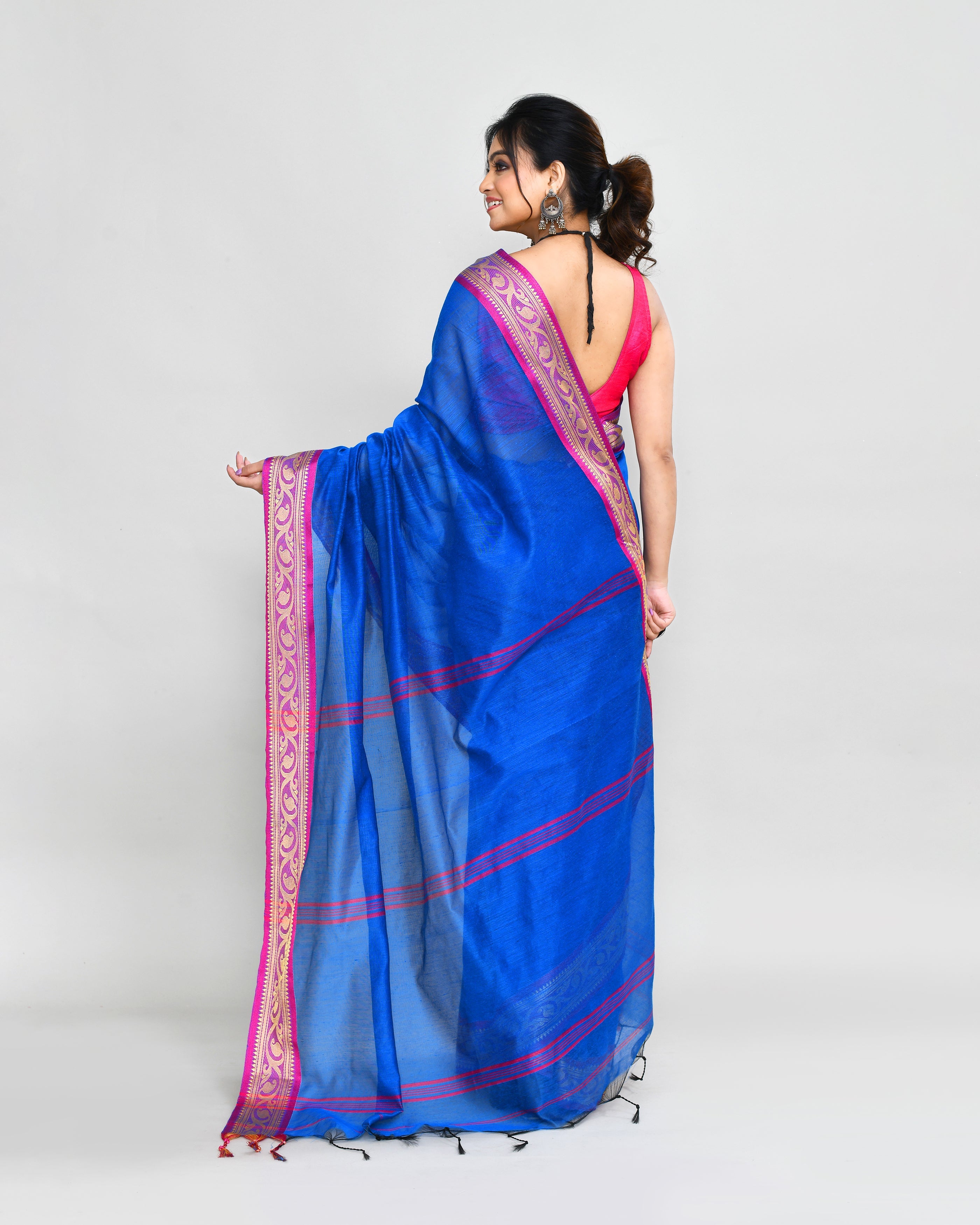 Piyari Fashion Women`s Cotton Silk Blue Handloom Saree With Blouse | Grocsy