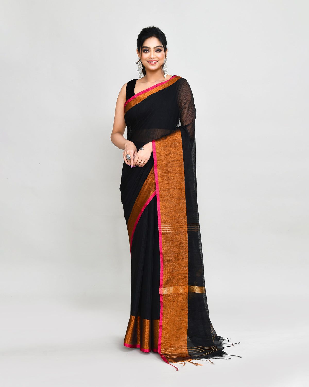 Piyari Fashion Women`s Cotton Silk Black Handloom Saree With Blouse | Grocsy