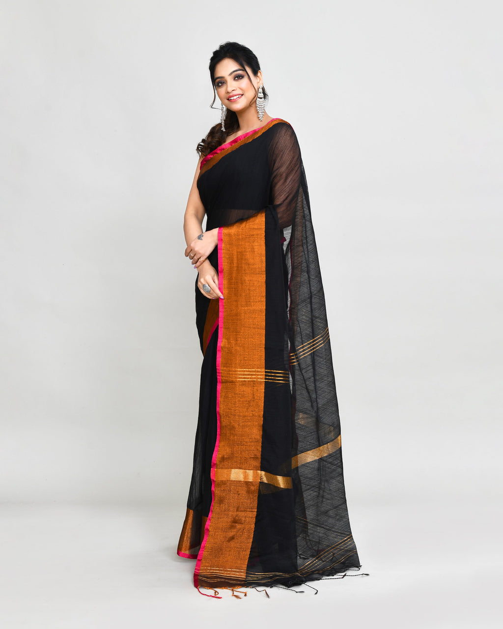 Piyari Fashion Women`s Cotton Silk Black Handloom Saree With Blouse | Grocsy