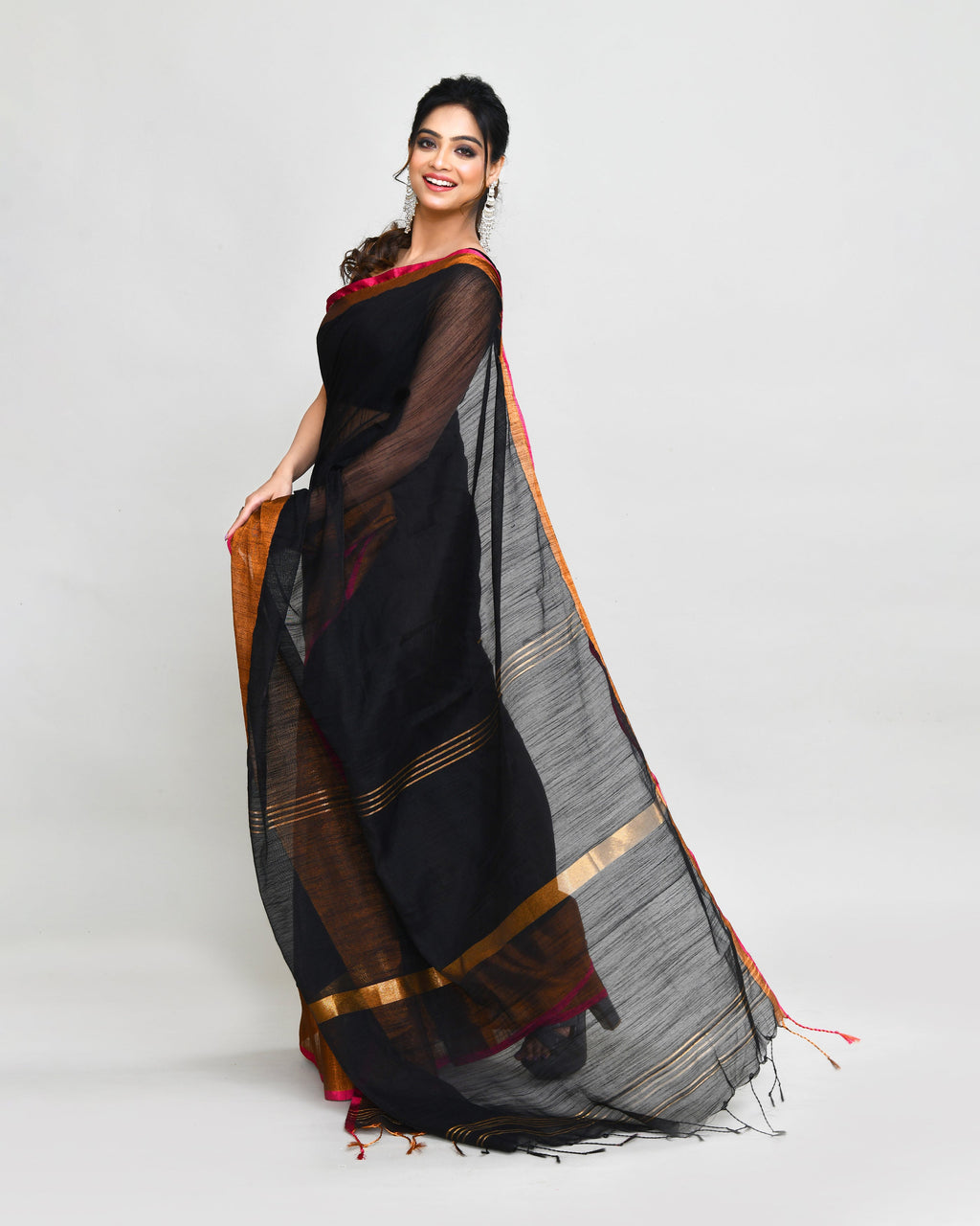 Piyari Fashion Women`s Cotton Silk Black Handloom Saree With Blouse | Grocsy