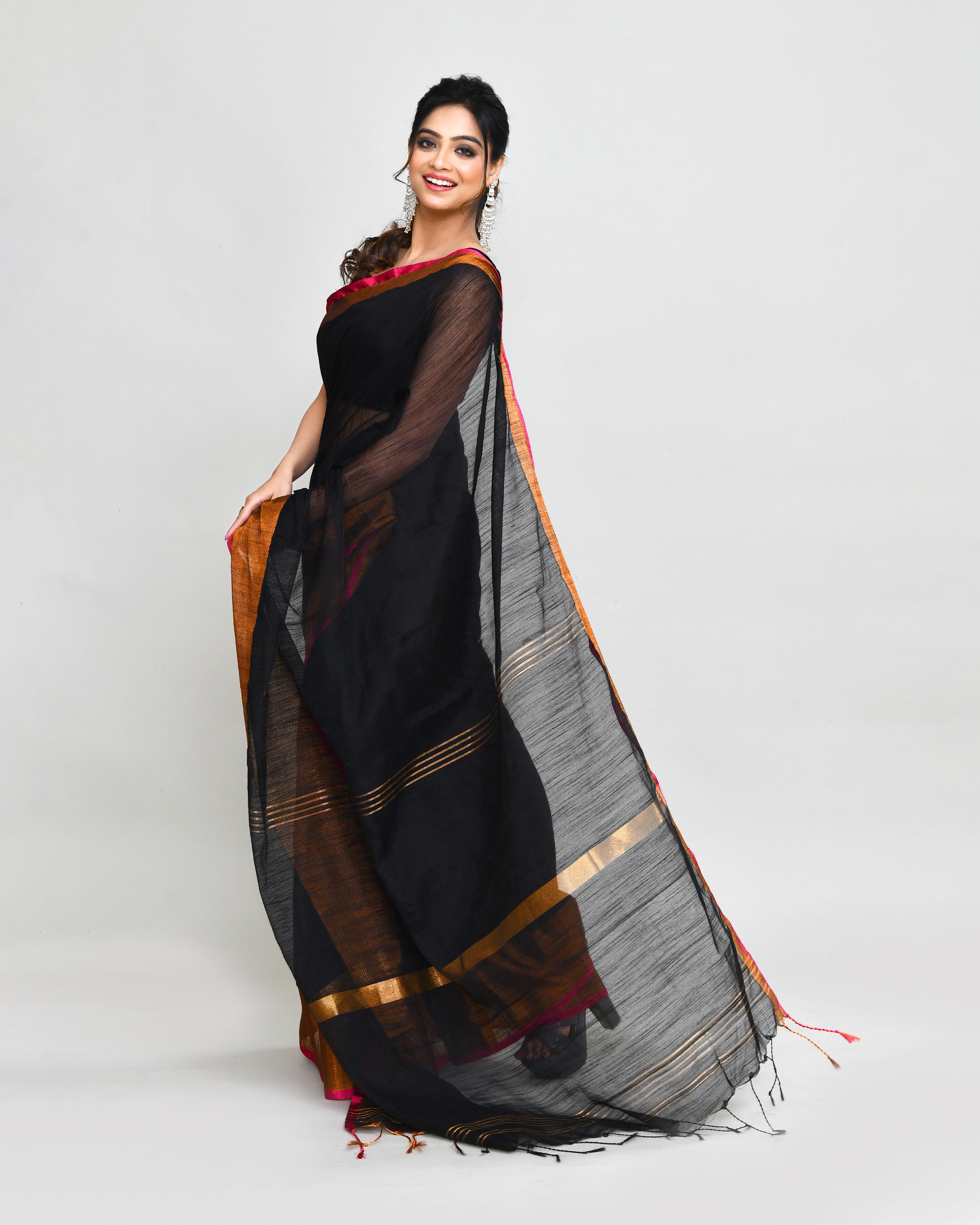 Piyari Fashion Women`s Cotton Silk Black Handloom Saree With Blouse | Grocsy