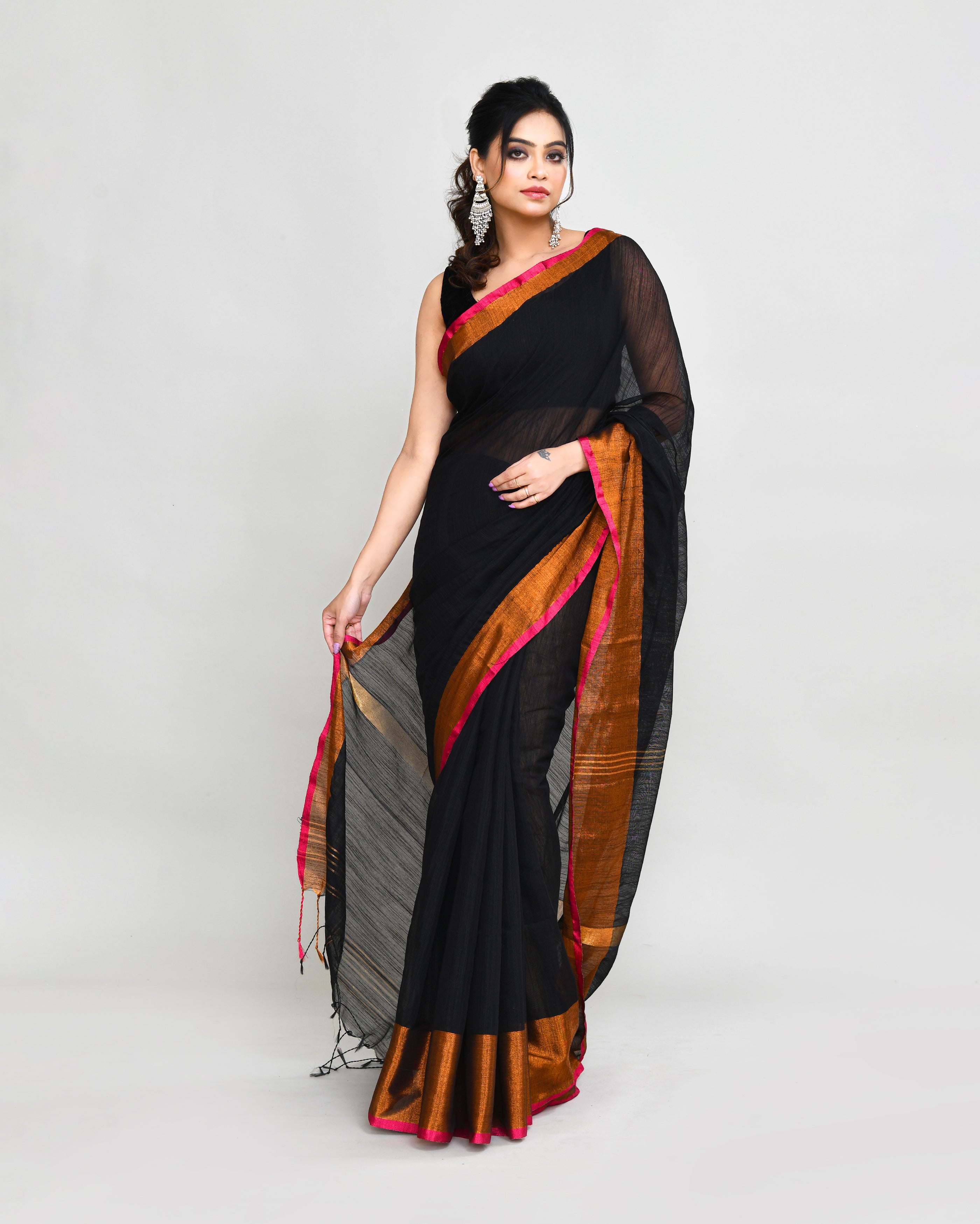 Piyari Fashion Women`s Cotton Silk Black Handloom Saree With Blouse | Grocsy
