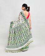 Piyari Fashion Women's Off White Green Cotton Silk Jamdani Saree | Grocsy