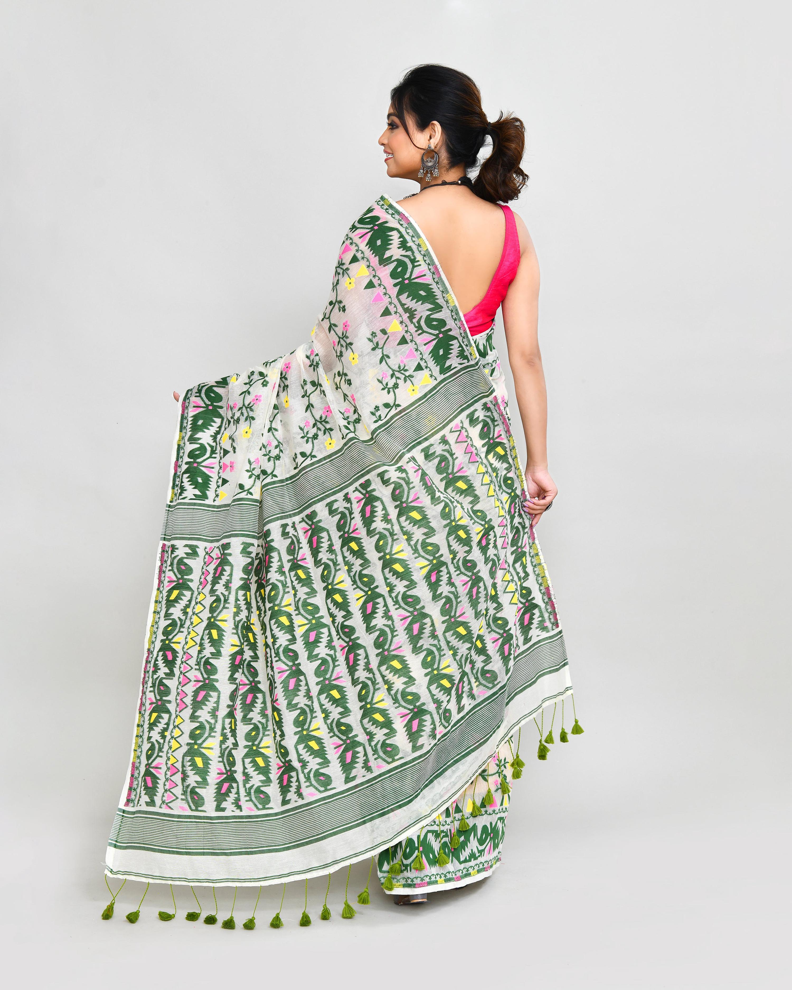 Piyari Fashion Women's Off White Green Cotton Silk Jamdani Saree | Grocsy