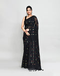 Piyari Fashion Women's Black Cotton Silk Jamdani Saree With Tassels | Grocsy