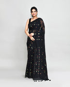 Piyari Fashion Women's Black Cotton Silk Jamdani Saree With Tassels | Grocsy