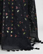 Piyari Fashion Women's Black Cotton Silk Jamdani Saree With Tassels | Grocsy