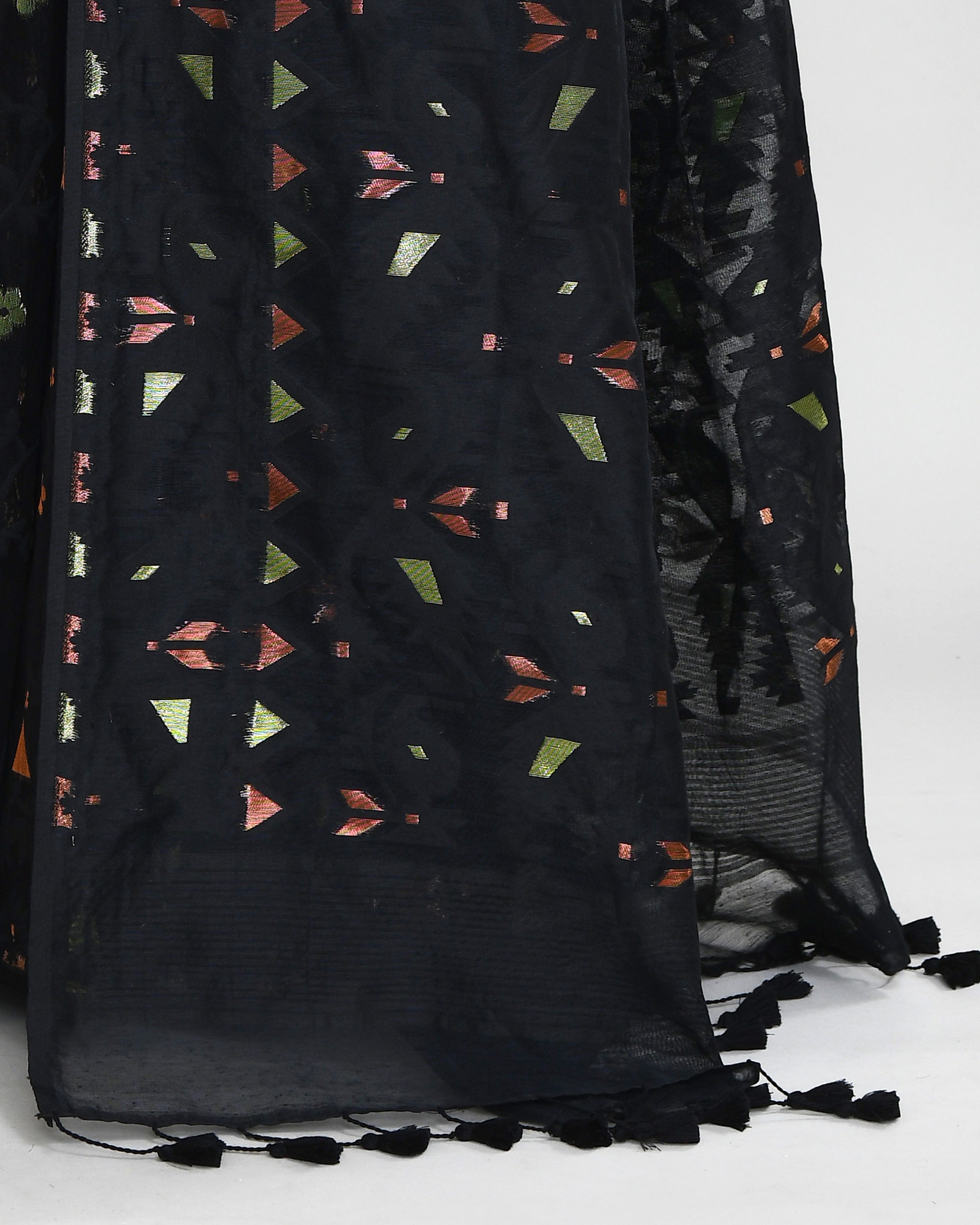 Piyari Fashion Women's Black Cotton Silk Jamdani Saree With Tassels | Grocsy