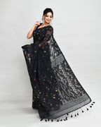 Piyari Fashion Women's Black Cotton Silk Jamdani Saree With Tassels | Grocsy