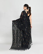 Piyari Fashion Women's Black Cotton Silk Jamdani Saree With Tassels | Grocsy