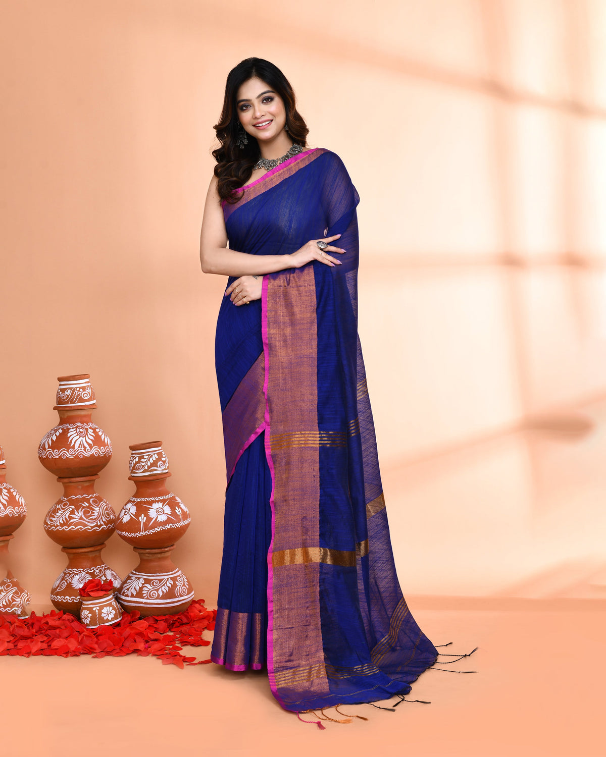 Piyari Fashion Women`s Cotton Silk Royel Blue Handloom Saree With Blouse | Grocsy