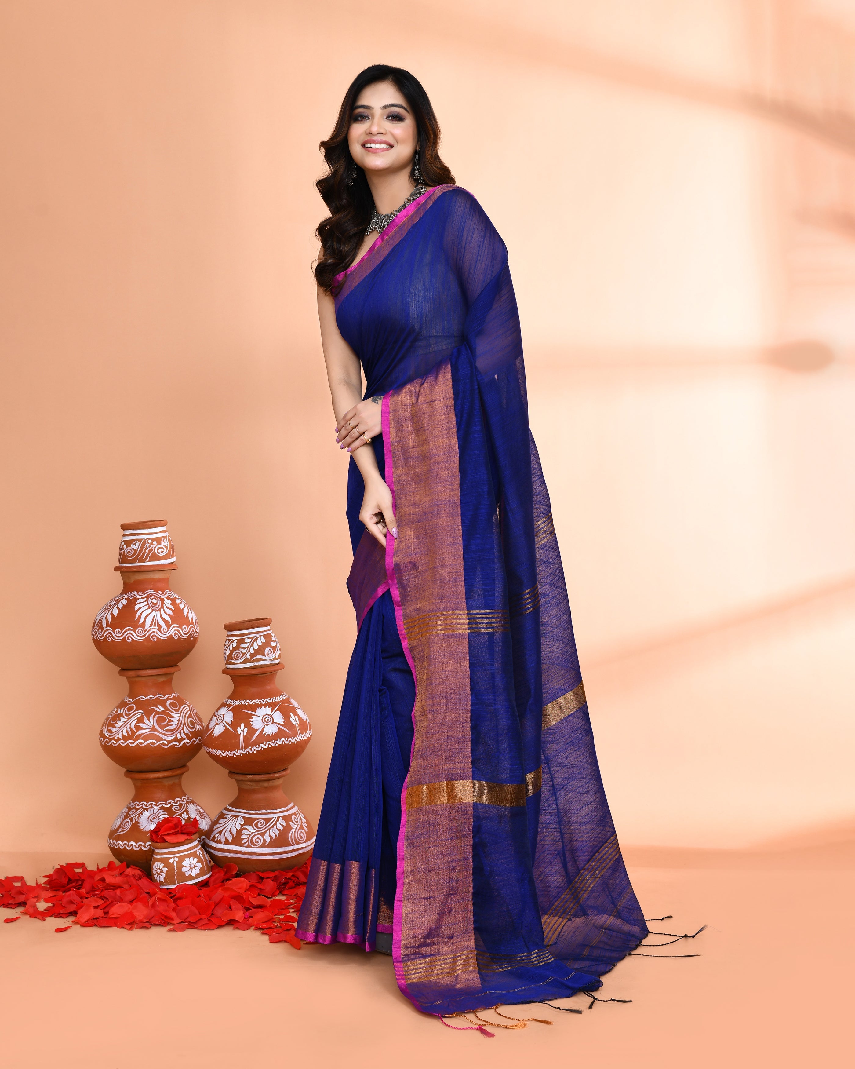Piyari Fashion Women`s Cotton Silk Royel Blue Handloom Saree With Blouse | Grocsy