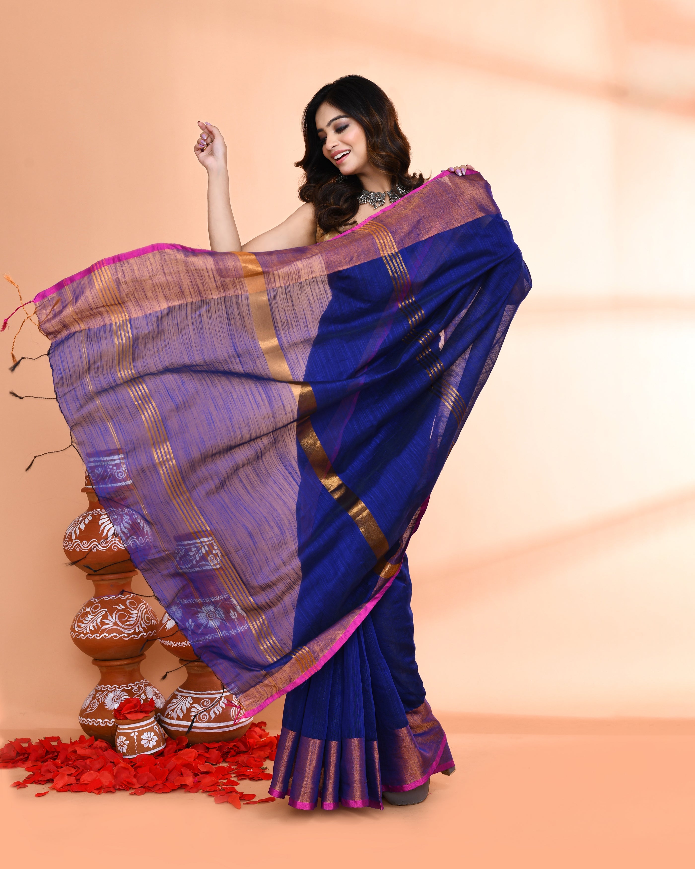 Piyari Fashion Women`s Cotton Silk Royel Blue Handloom Saree With Blouse | Grocsy