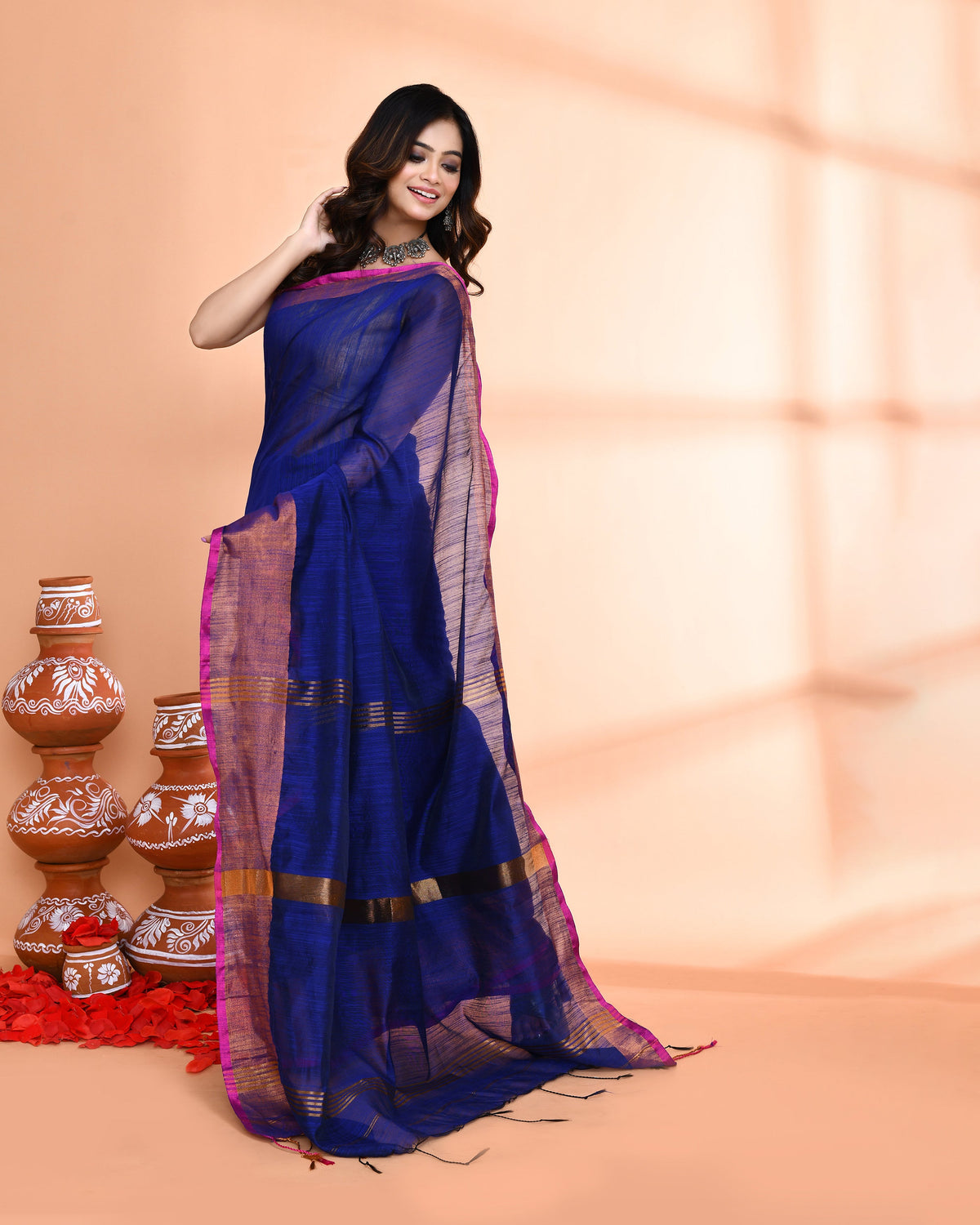 Piyari Fashion Women`s Cotton Silk Royel Blue Handloom Saree With Blouse | Grocsy