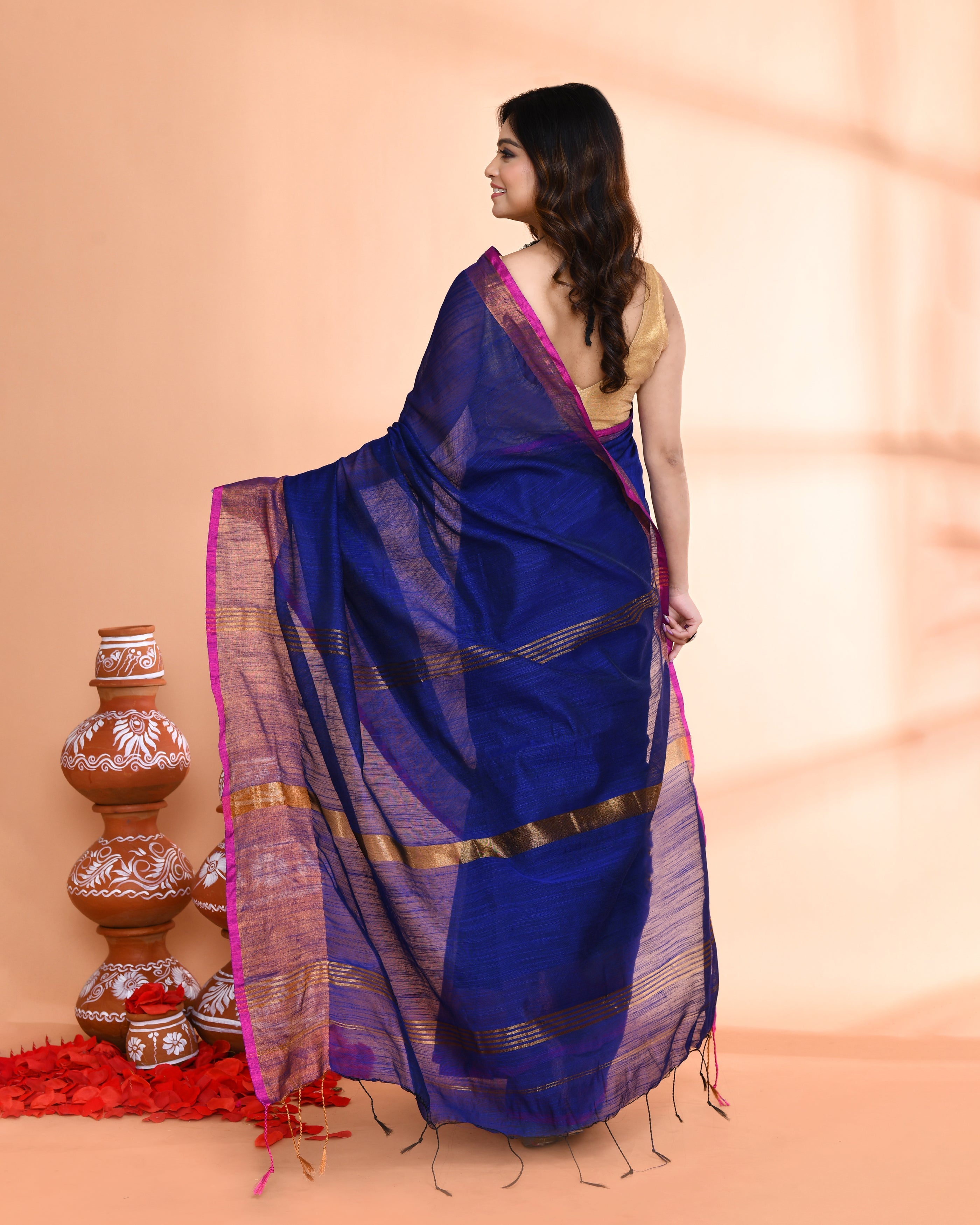 Piyari Fashion Women`s Cotton Silk Royel Blue Handloom Saree With Blouse | Grocsy