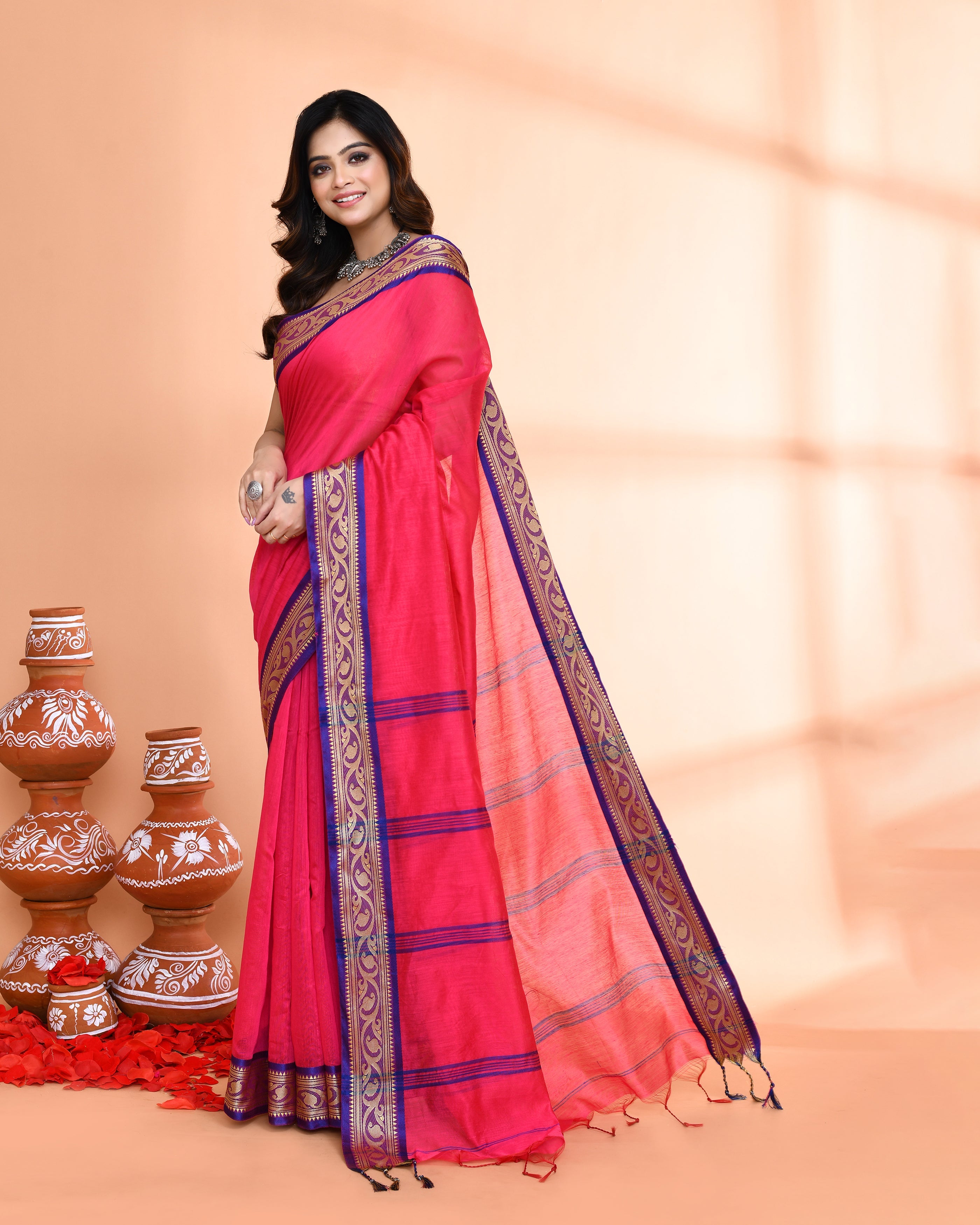 Piyari Fashion Women`s Cotton Silk Rose Handloom Saree With Blouse | Grocsy