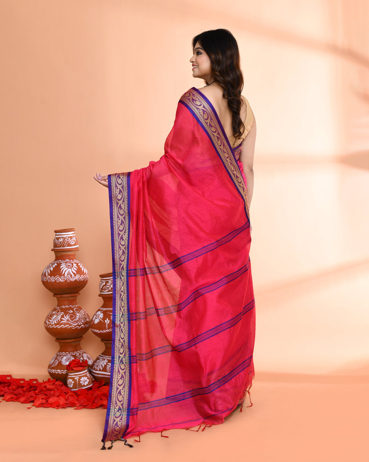 Piyari Fashion Women`s Cotton Silk Rose Handloom Saree With Blouse | Grocsy
