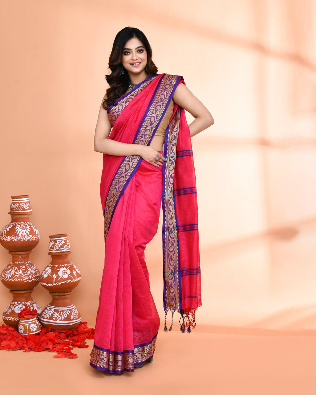 Piyari Fashion Women`s Cotton Silk Rose Handloom Saree With Blouse | Grocsy