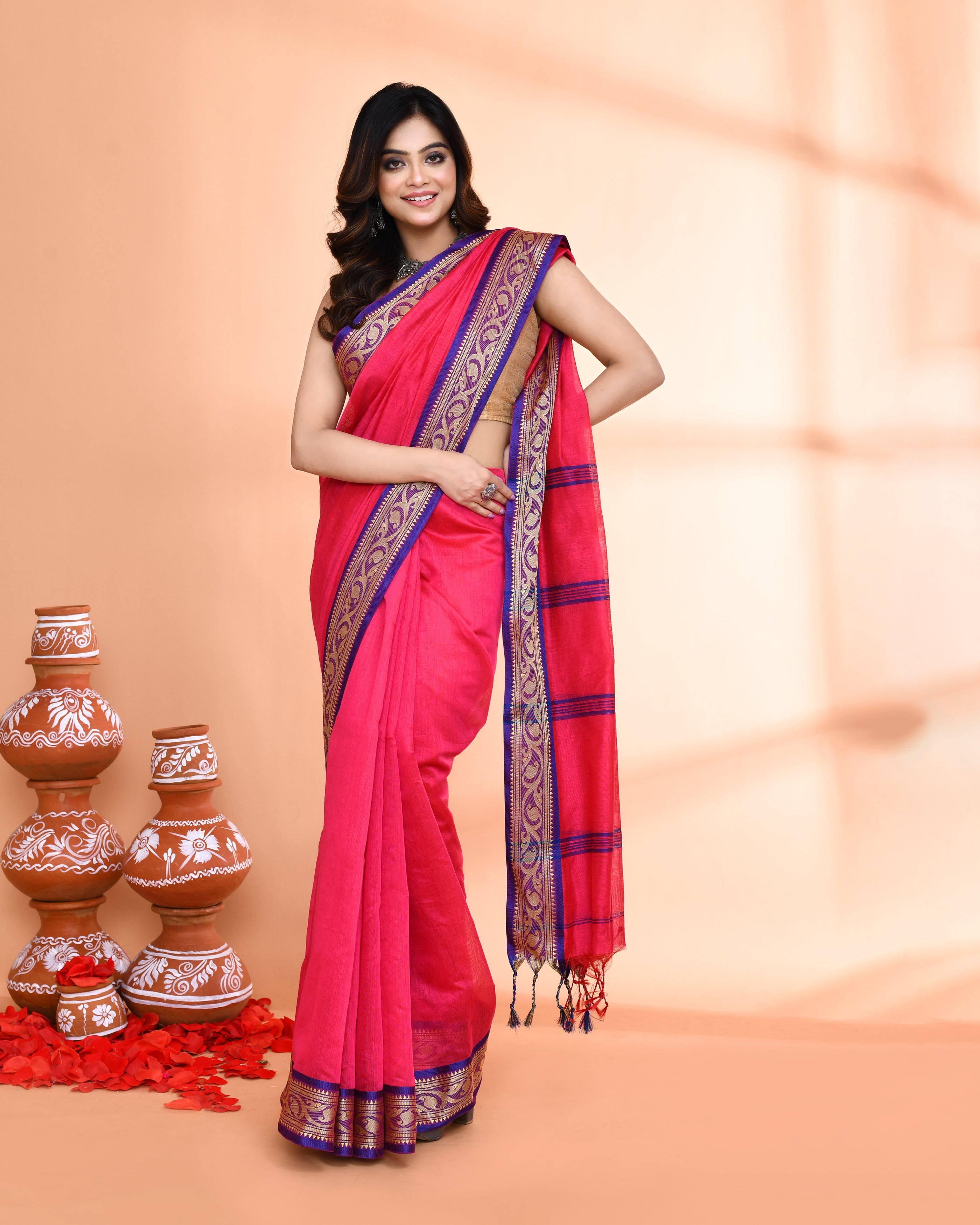 Piyari Fashion Women`s Cotton Silk Rose Handloom Saree With Blouse | Grocsy