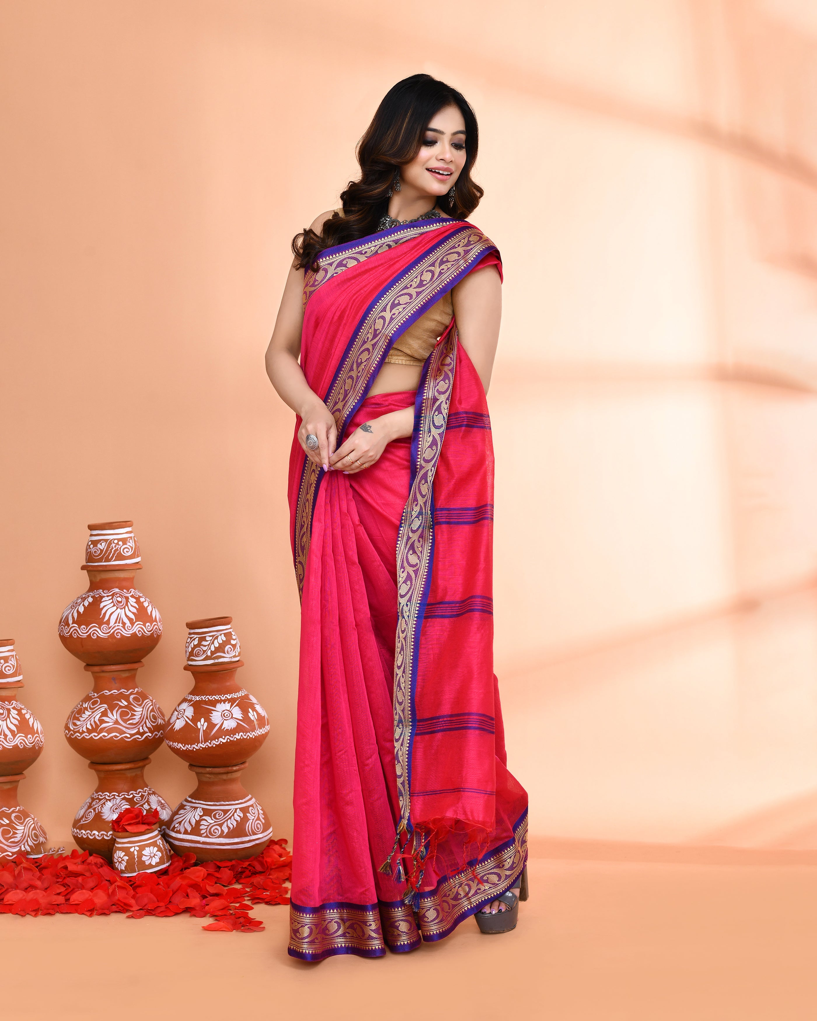 Piyari Fashion Women`s Cotton Silk Rose Handloom Saree With Blouse | Grocsy