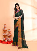 Piyari Fashion Women`s Cotton Blend Dark Green Handloom Saree With Blouse | Grocsy