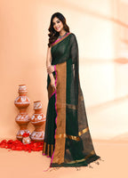 Piyari Fashion Women`s Cotton Blend Dark Green Handloom Saree With Blouse | Grocsy
