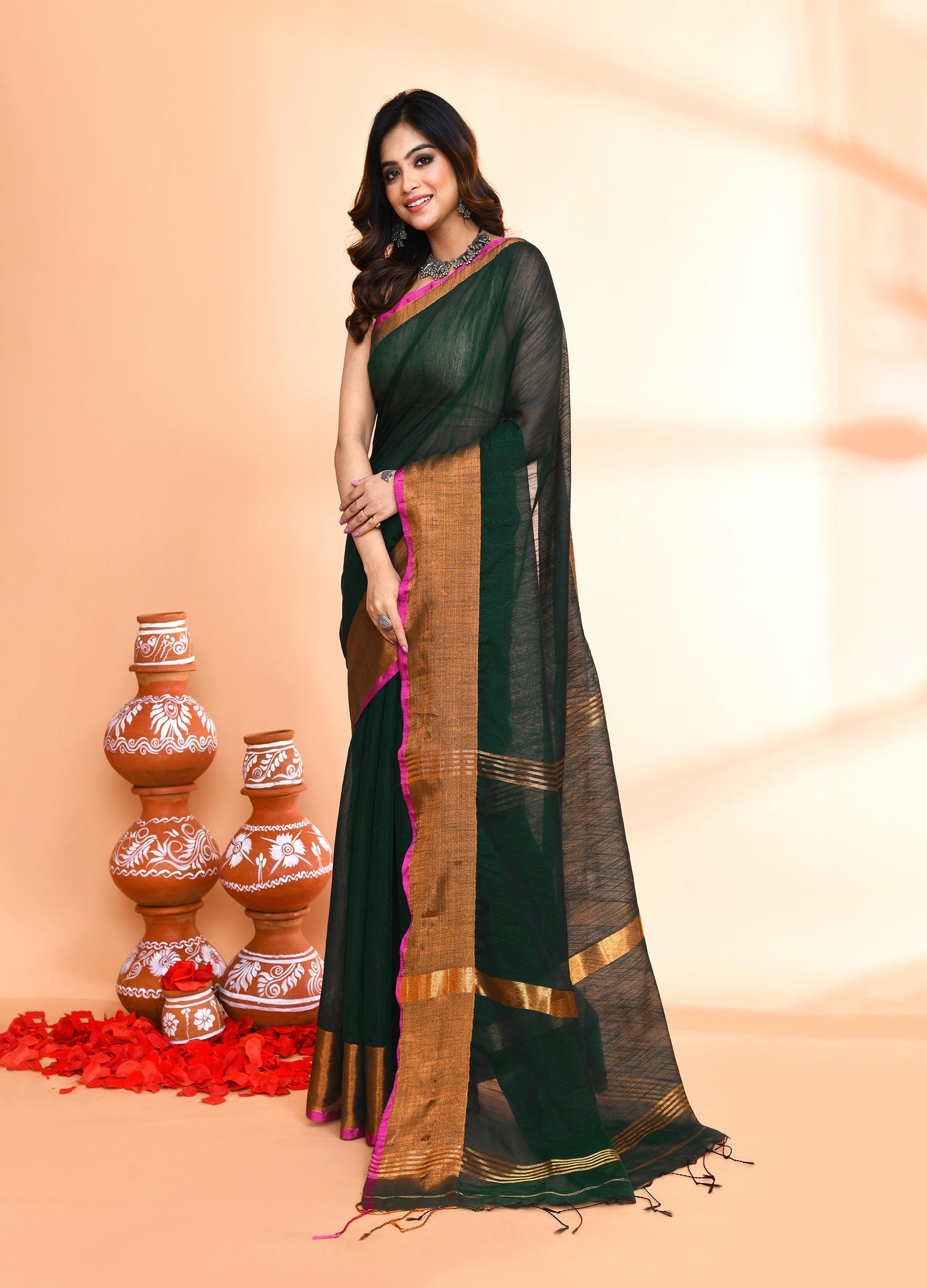 Piyari Fashion Women`s Cotton Blend Dark Green Handloom Saree With Blouse | Grocsy