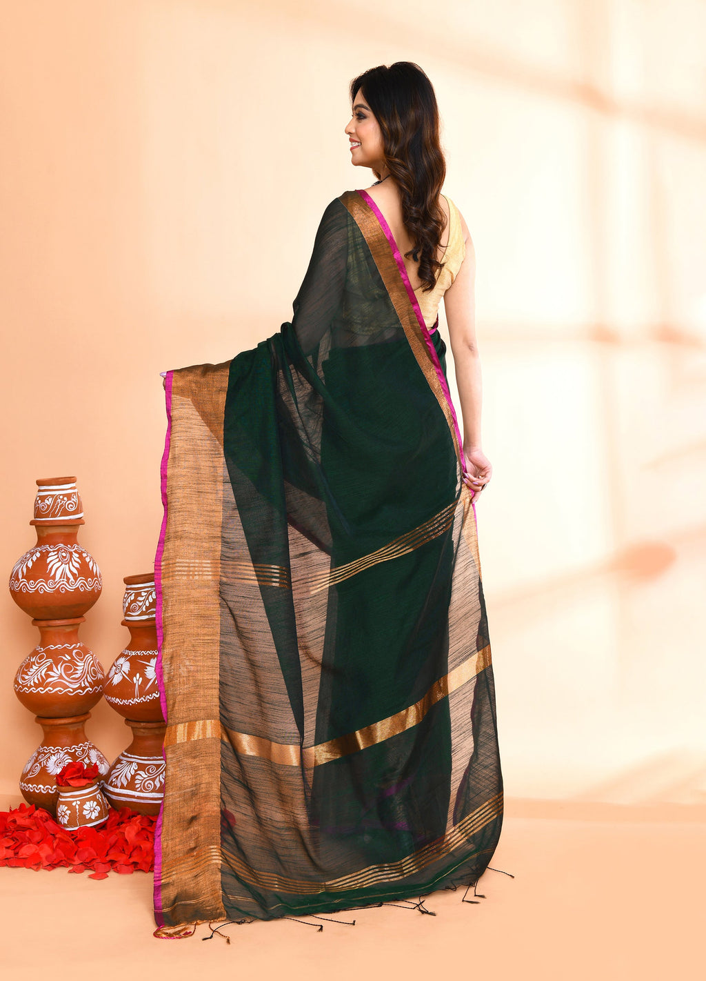 Piyari Fashion Women`s Cotton Blend Dark Green Handloom Saree With Blouse | Grocsy