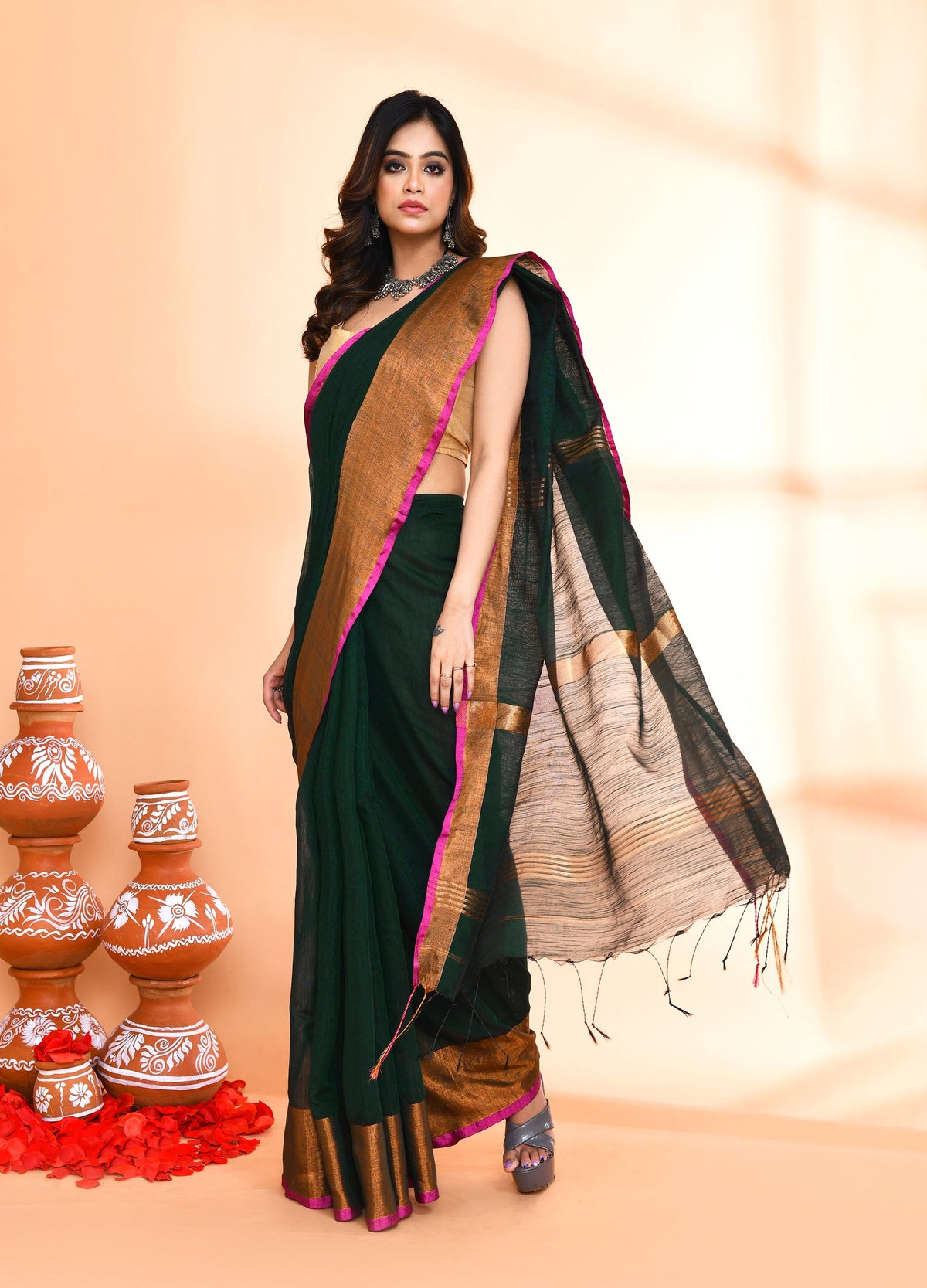 Piyari Fashion Women`s Cotton Blend Dark Green Handloom Saree With Blouse | Grocsy