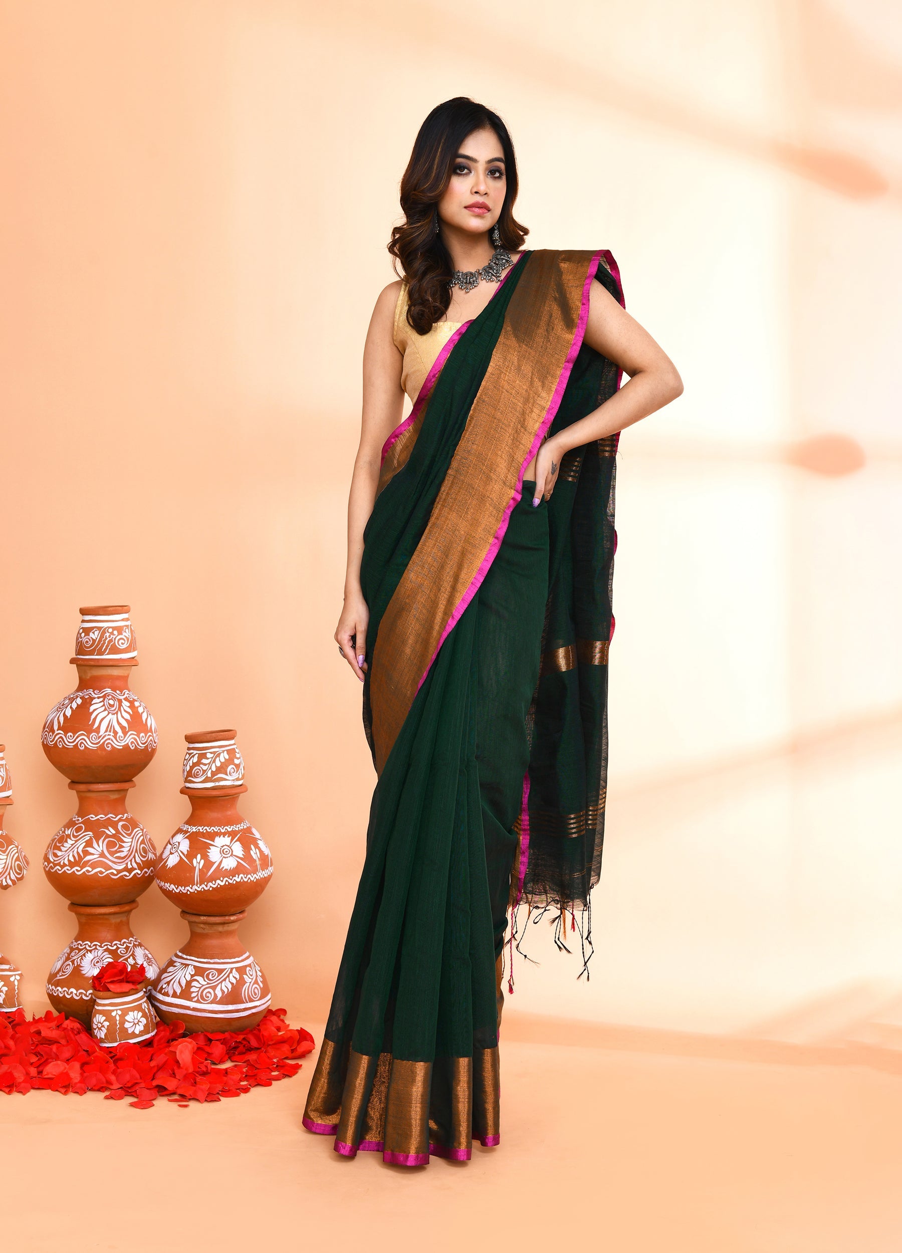 Piyari Fashion Women`s Cotton Blend Dark Green Handloom Saree With Blouse | Grocsy