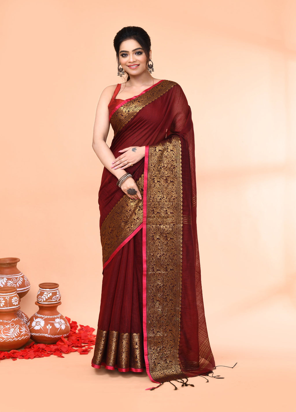 Piyari Fashion Women`s Cotton Blend Maroon Handloom Saree With Blouse | Grocsy