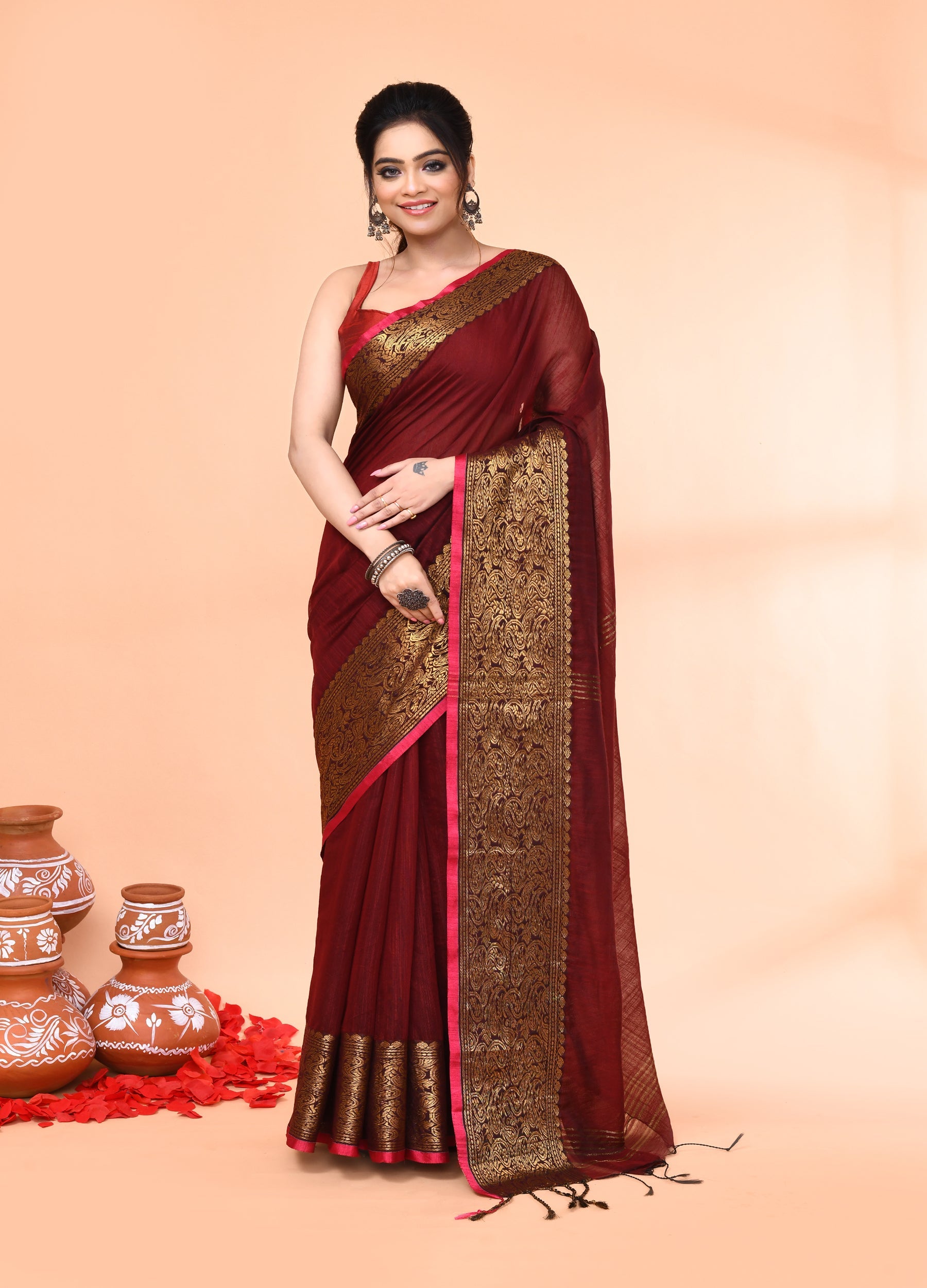 Piyari Fashion Women`s Cotton Blend Maroon Handloom Saree With Blouse | Grocsy