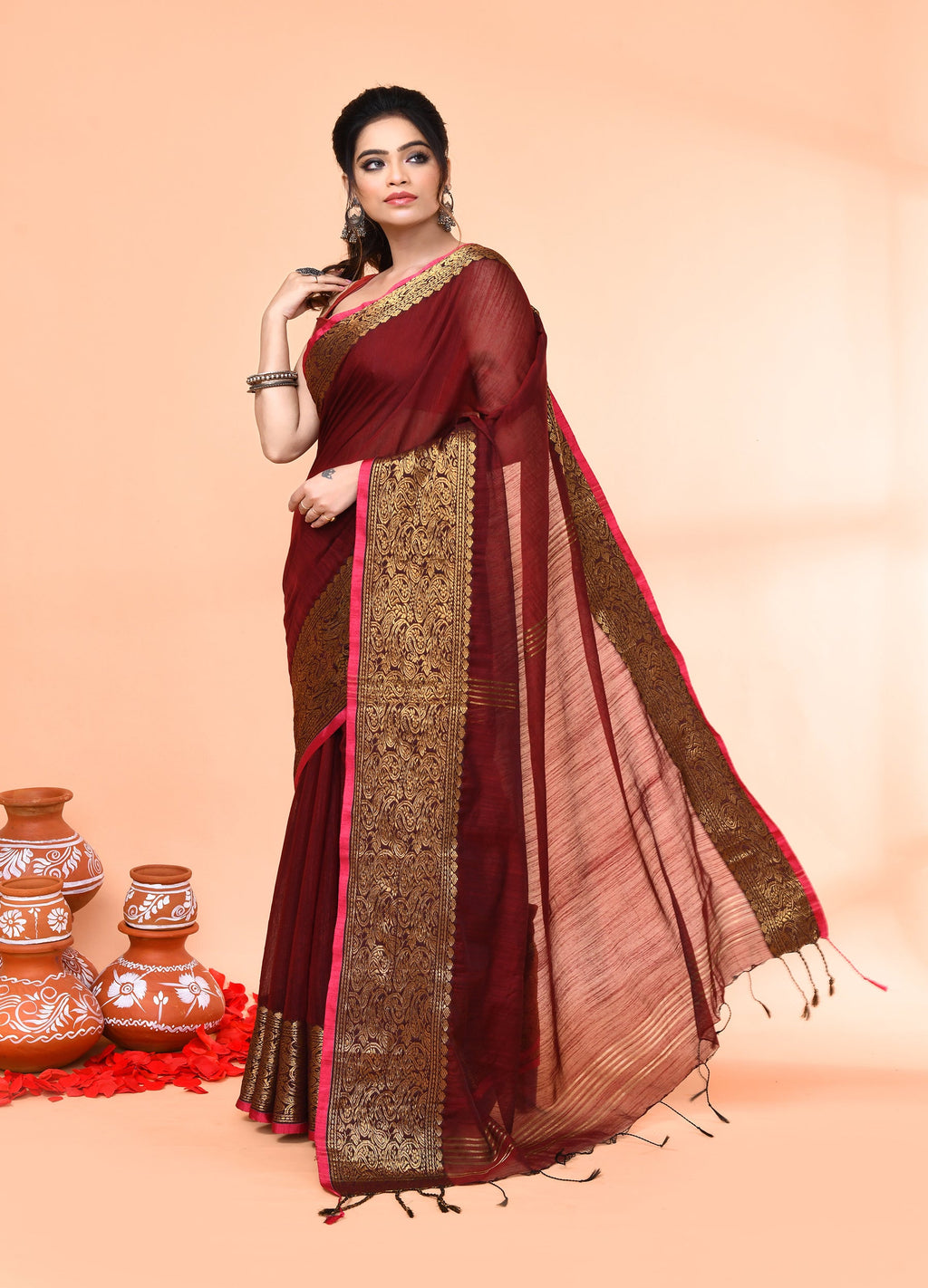 Piyari Fashion Women`s Cotton Blend Maroon Handloom Saree With Blouse | Grocsy