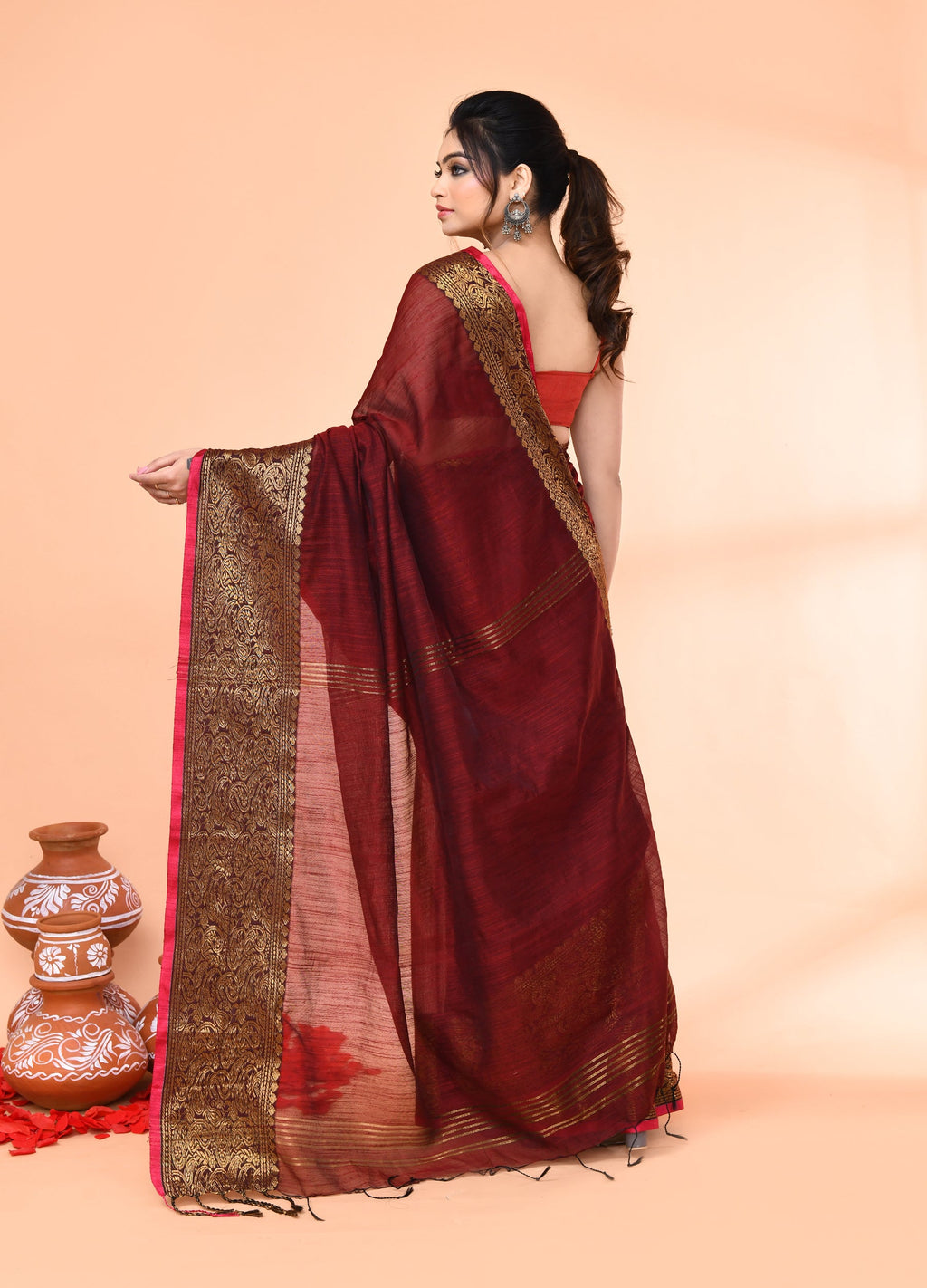 Piyari Fashion Women`s Cotton Blend Maroon Handloom Saree With Blouse | Grocsy