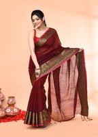 Piyari Fashion Women`s Cotton Blend Maroon Handloom Saree With Blouse | Grocsy