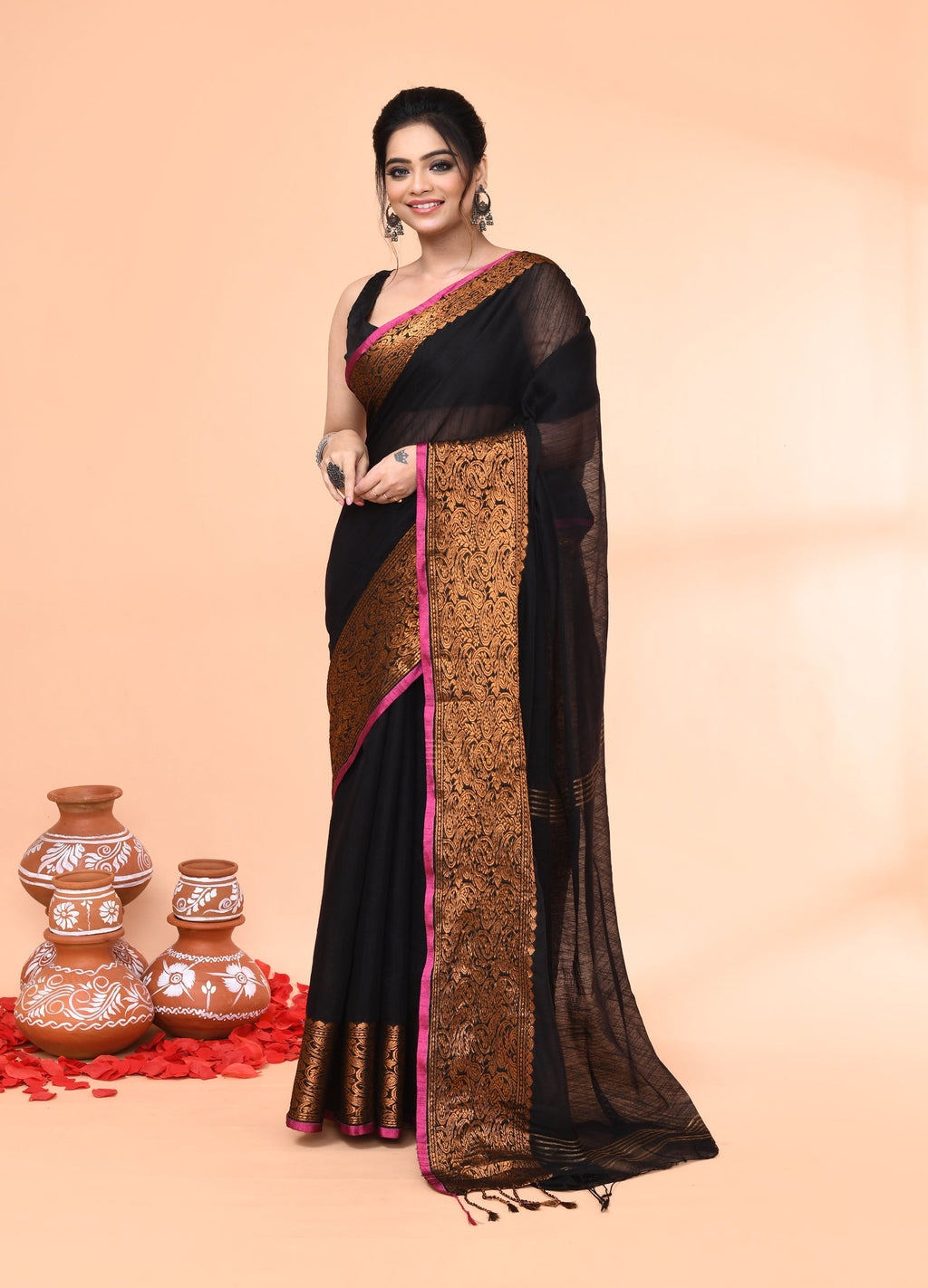 Piyari Fashion Women`s Cotton Blend Black Handloom Saree With Blouse | Grocsy