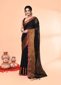 Piyari Fashion Women`s Cotton Blend Black Handloom Saree With Blouse | Grocsy
