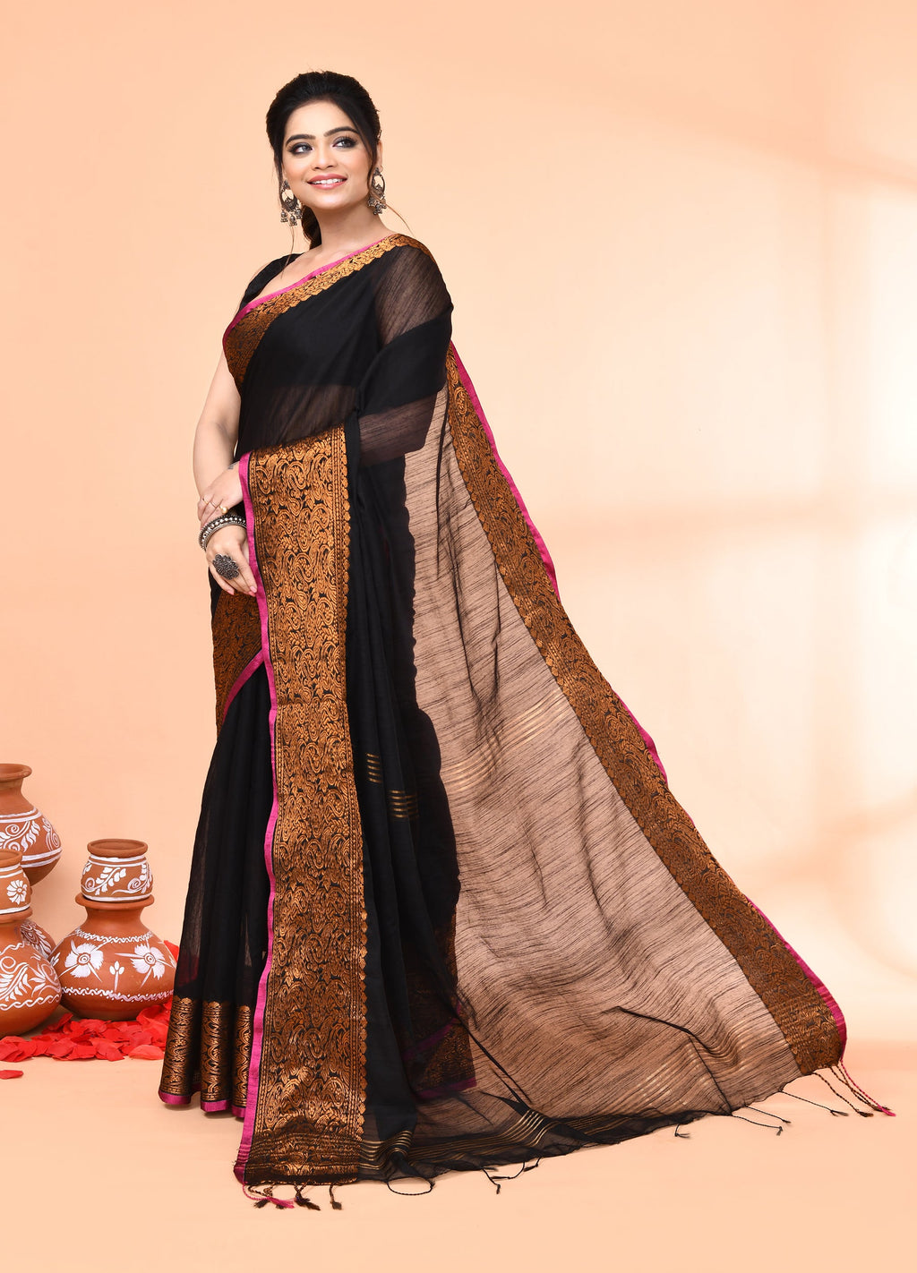 Piyari Fashion Women`s Cotton Blend Black Handloom Saree With Blouse | Grocsy