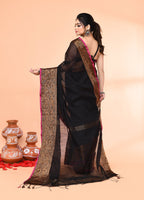 Piyari Fashion Women`s Cotton Blend Black Handloom Saree With Blouse | Grocsy