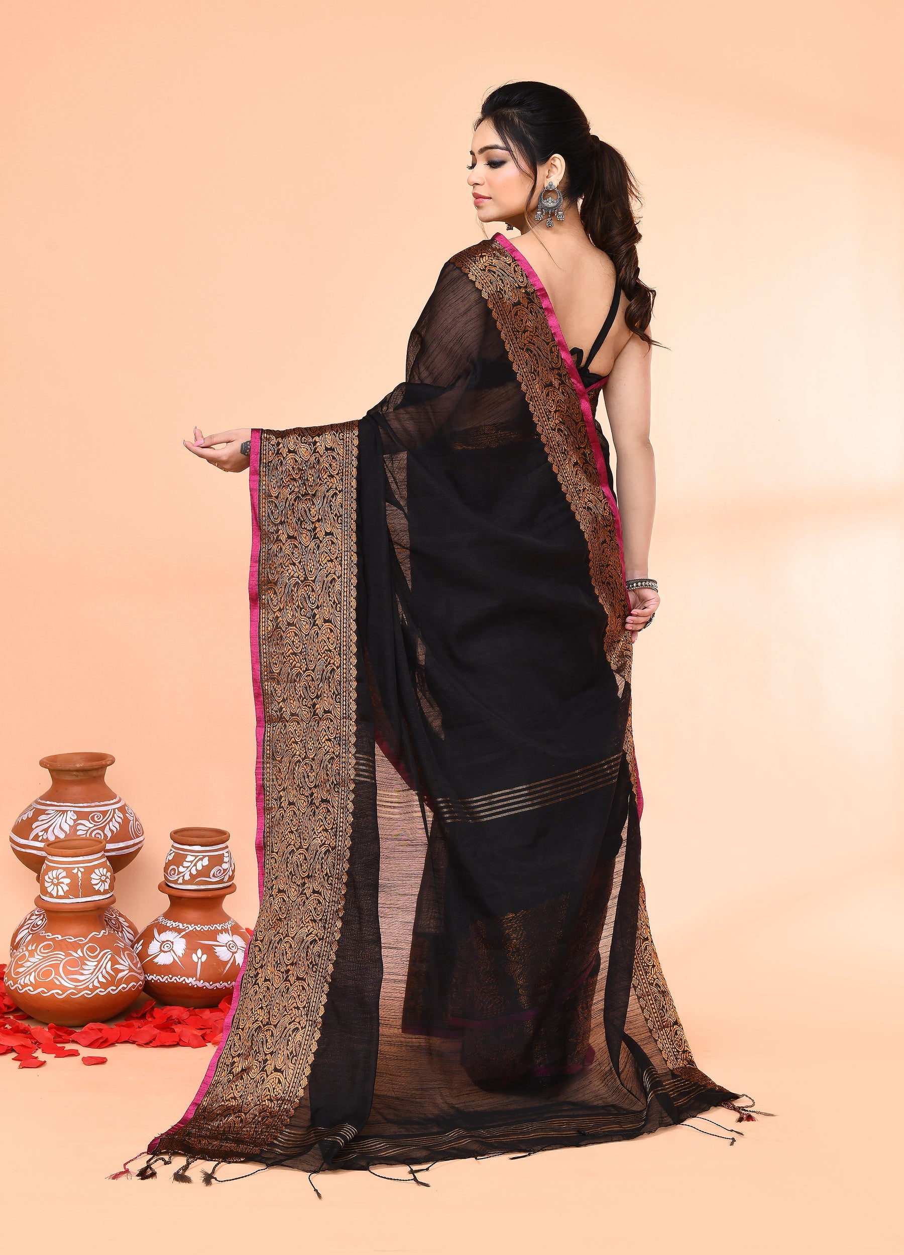 Piyari Fashion Women`s Cotton Blend Black Handloom Saree With Blouse | Grocsy