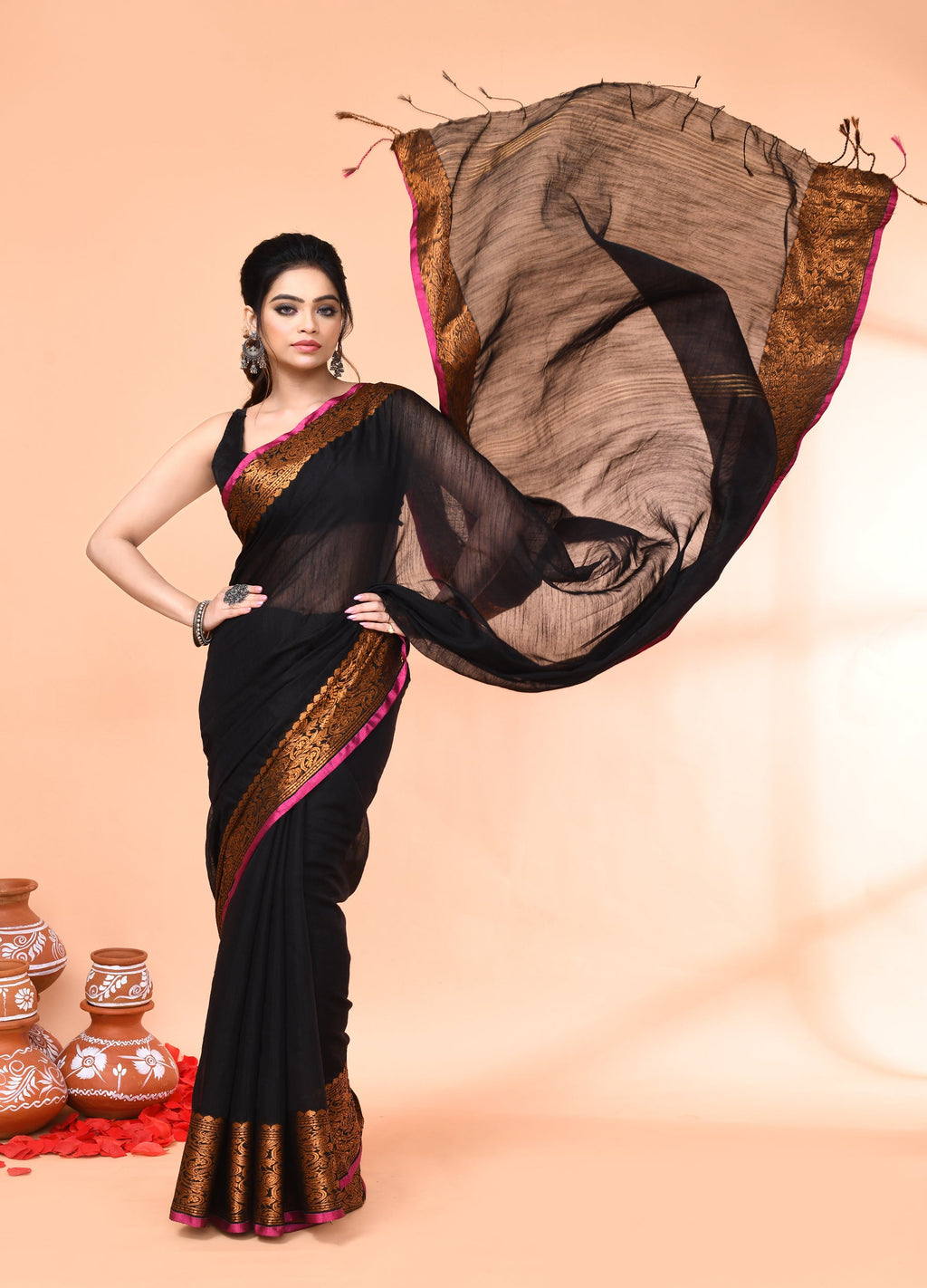 Piyari Fashion Women`s Cotton Blend Black Handloom Saree With Blouse | Grocsy