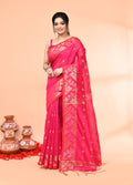 Piyari Fashion Women`s Cotton Blend Rani Handloom Saree With Blouse | Grocsy
