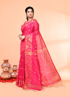 Piyari Fashion Women`s Cotton Blend Rani Handloom Saree With Blouse | Grocsy