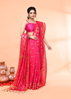 Piyari Fashion Women`s Cotton Blend Rani Handloom Saree With Blouse | Grocsy