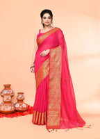 Piyari Fashion Women`s Cotton Blend Rani Handloom Saree With Blouse | Grocsy