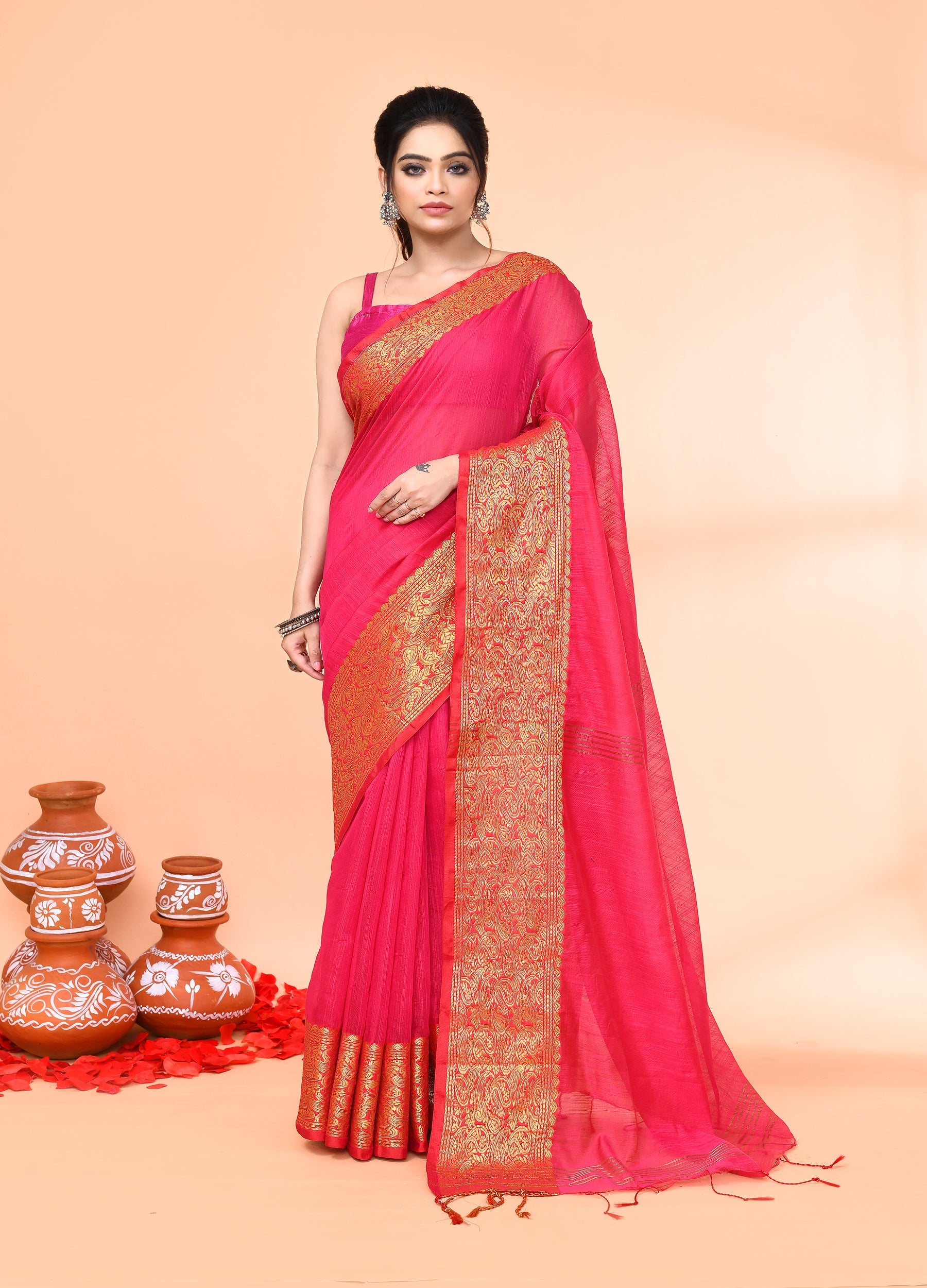 Piyari Fashion Women`s Cotton Blend Rani Handloom Saree With Blouse | Grocsy